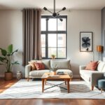 Modern nappali stílusos bútorokkal és világos dekorral.