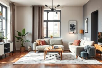 Modern nappali stílusos bútorokkal és világos dekorral.