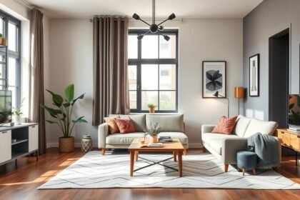 Modern nappali stílusos bútorokkal és világos dekorral.