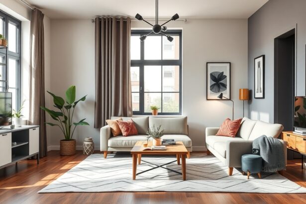 Modern nappali stílusos bútorokkal és világos dekorral.