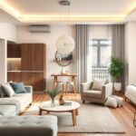 Modern berendezés egy világos nappaliban növényekkel és stílusos bútorokkal.