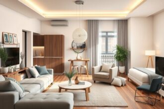 Modern berendezés egy világos nappaliban növényekkel és stílusos bútorokkal.