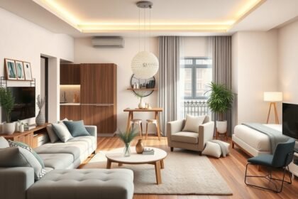 Modern berendezés egy világos nappaliban növényekkel és stílusos bútorokkal.