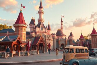 Disneyland kastély és vidámpark, csodás tájban.