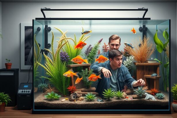 Fiatalok akváriumot állítanak össze otthon, aranyhalakkal és vízinövényekkel.