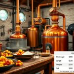 Pálinka főzőüzem, ahol gyümölcs és berendezések láthatóak.