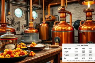 Pálinka főzőüzem, ahol gyümölcs és berendezések láthatóak.