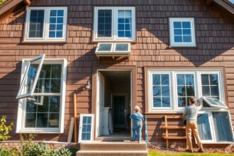 Ablakcsere házon, fiatal gyerek és felnőtt dolgozik.