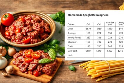 Házi bolognai spagetti friss hozzávalókkal és költség táblázattal.