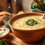 Krémes brokkolikrémleves tálban friss zöldségekkel.