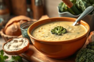 Krémes brokkolikrémleves tálban friss zöldségekkel.