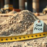 Homok halom mérőszalaggal és árcímkével építkezéshez