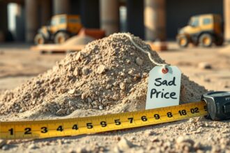 Homok halom mérőszalaggal és árcímkével építkezéshez