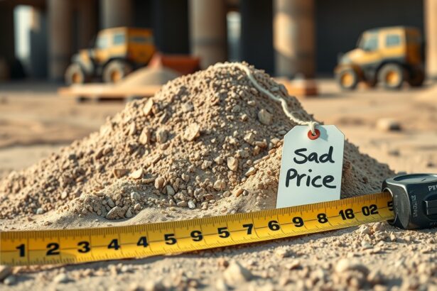 Homok halom mérőszalaggal és árcímkével építkezéshez