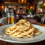 Egy adag carbonara tészta egy elegáns étteremben