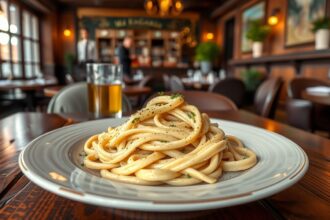 Egy adag carbonara tészta egy elegáns étteremben