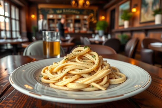Egy adag carbonara tészta egy elegáns étteremben