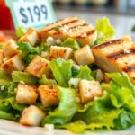 Grillezett Cézár saláta friss zöldségekkel és krutonokkal.