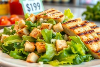 Grillezett Cézár saláta friss zöldségekkel és krutonokkal.