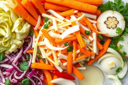 Friss zöldségek csalamádé készítéséhez, beleértve káposztát, paprikát és hagymát.