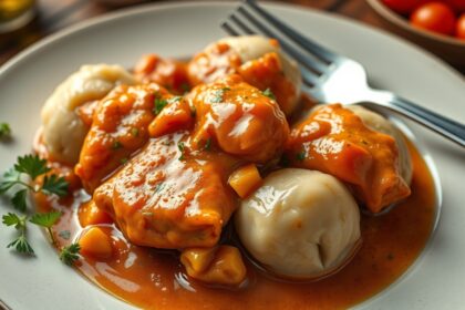 Csirkepaprikás galuskával tálalva, ízletes étel