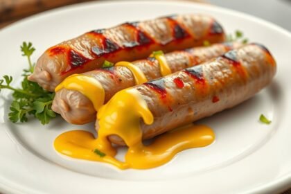 Főtt virsli mustárral és friss fűszernövényekkel tálalva