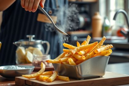 Házi sült krumpli elkészítése sózással és friss hozzávalókkal.