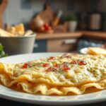 Friss, ízletes omlett zöldségekkel és sajtal egy tányéron.