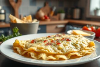 Friss, ízletes omlett zöldségekkel és sajtal egy tányéron.