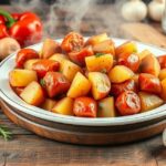 Paprikás krumpli változatos zöldségekkel és kolbásszal tálalva