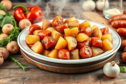 Paprikás krumpli változatos zöldségekkel és kolbásszal tálalva