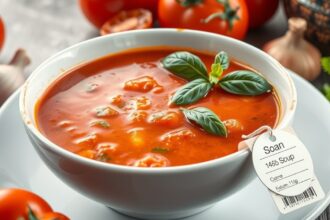 Friss paradicsomleves friss alapanyagokkal tálalva.