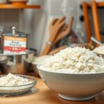 Frissen párolt rizs adag konyha környezetben, árakkal bemutatva.