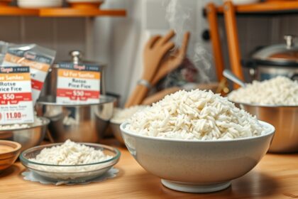 Frissen párolt rizs adag konyha környezetben, árakkal bemutatva.