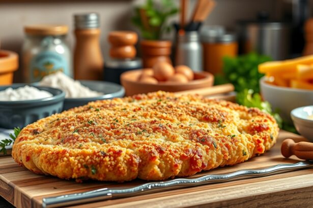 Rántott hús tálalva friss hozzávalókkal és sütőeszközökkel