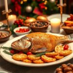 Rántott ponty ünnepi asztalon, körettel és díszekkel.