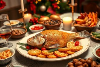 Rántott ponty ünnepi asztalon, körettel és díszekkel.