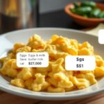 Rántotta tányéron, spórolási tippekkel a háttérben.