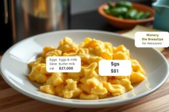 Rántotta tányéron, spórolási tippekkel a háttérben.