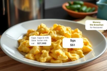 Rántotta tányéron, spórolási tippekkel a háttérben.