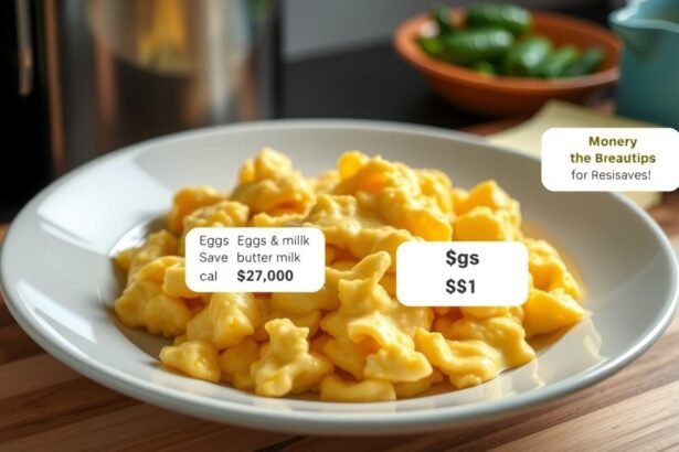 Rántotta tányéron, spórolási tippekkel a háttérben.