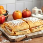 Friss, házi rétes almával és porcukorral tálalva.