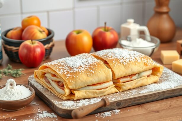 Friss, házi rétes almával és porcukorral tálalva.