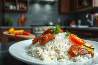Egy finom adag rizses hús friss zöldségekkel tálalva.