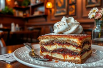 Egy adag somlói galuska tejszínhabbal, étteremben, szép tálalásban.