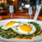 Spenót tükörtojással tálalva étteremben