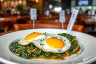 Spenót tükörtojással tálalva étteremben