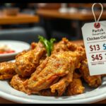 Sült csirkeszárnyak tálon, árakkal megjelölve