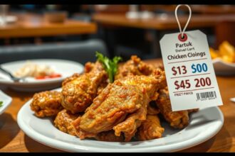 Sült csirkeszárnyak tálon, árakkal megjelölve