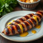 Sült kolbász mustárral, friss petrezselyem és köret mellett